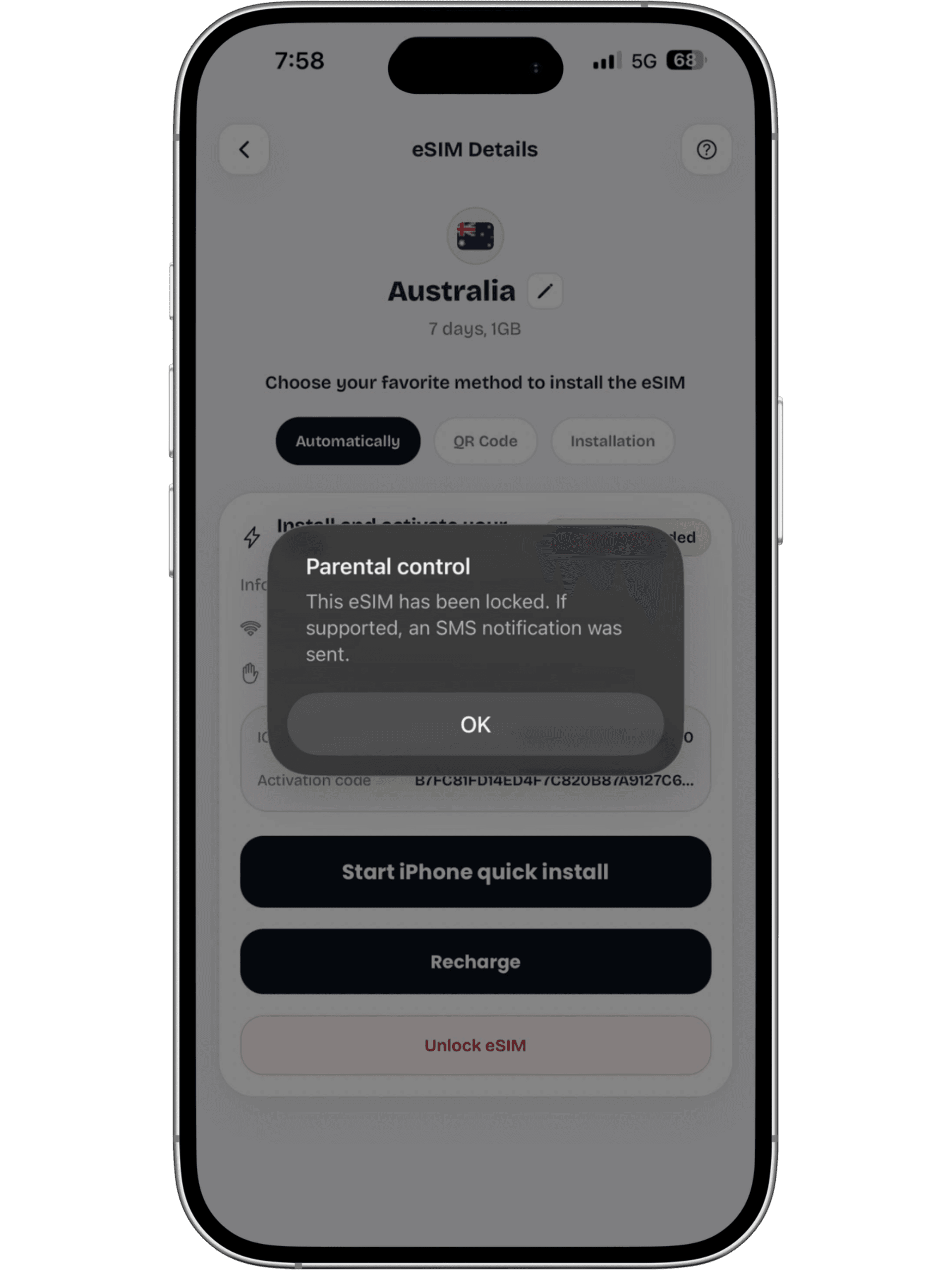 Phone showing Ozly parental lock controls