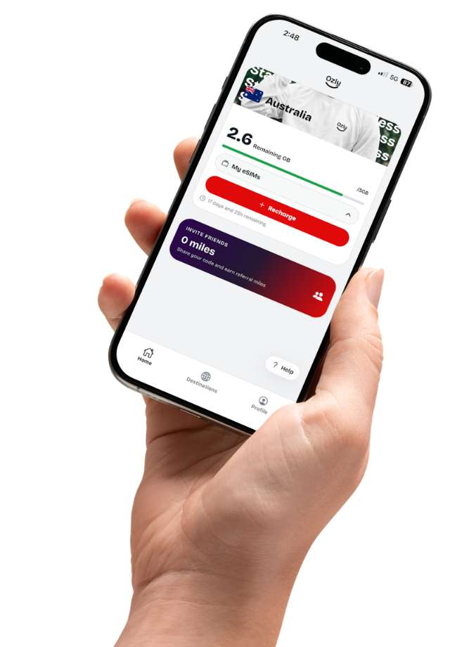 Ozly app showing an active travel eSIM